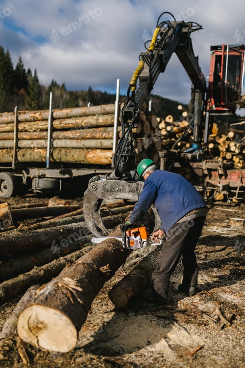 Preview: Worker cutting a fir tree with the chainsaw having a big stack of timbers in the truck