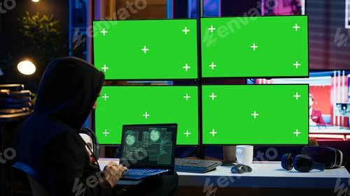 Preview: Hacker using chroma key computer and notebook to make malware scripts