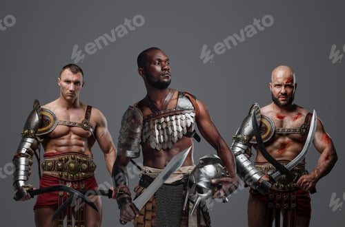 Preview: Roman warriors from past with swords aganst gray background