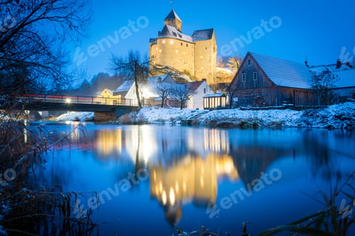 Preview: Scenic view of the Falkenberg castle on a cold night located in Sweden