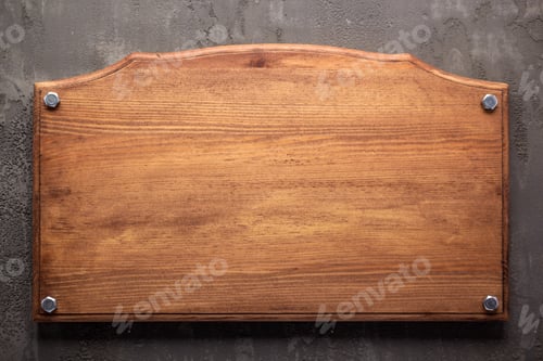Preview: Nameplate or sign board at wooden background. Front view of name plate