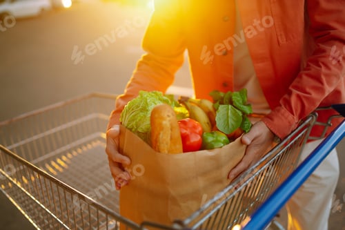 Preview: Shopping time. Healthy vegan vegetarian food in a paper bag in the male hands.