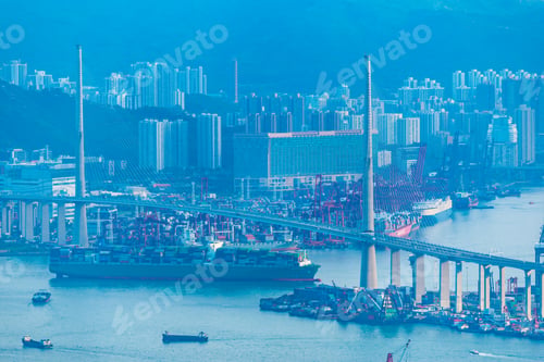 Preview: Hong Kong harbor with landscape view of city skyscraper skyline building, China business landmark
