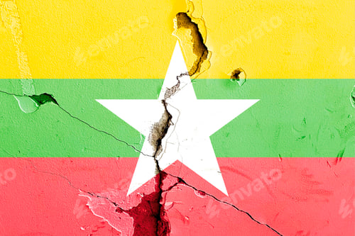 Preview: National flag of Myanmar painted on a weathered broken wall - political conflict concept