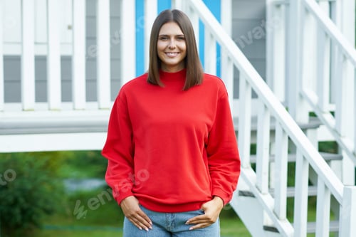 Preview: Young woman in red blouse