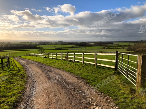 Preview: Late afternoon light over a farm track through a beautiful rural landscape , Somerset, England