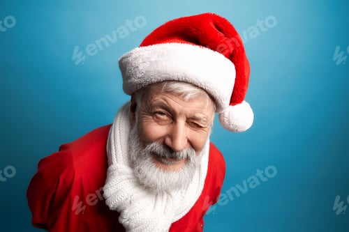 Preview: Funny mature man in Santa hat, red jacket and white scarf