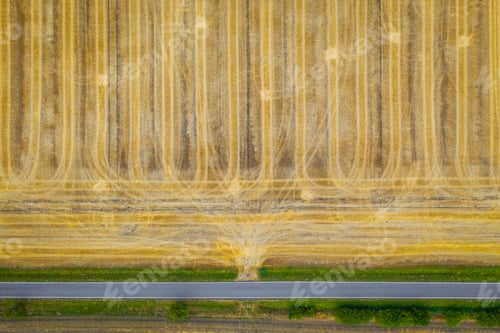 Preview: Aerial view of cereal fields after the harvest. There is road and tractor tread