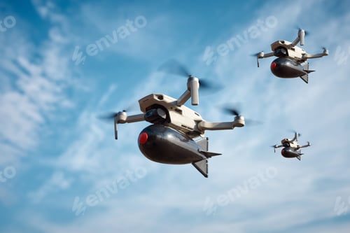 Preview: three consumer civilian drones with a big bomb on board flies in the blue sky