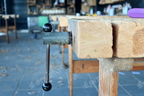 Preview: Wooden workbench in empty in carpentry workshop classroom.
