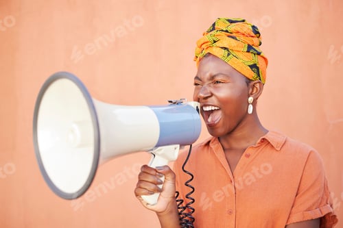 Preview: Megaphone, black woman or african of human rights, justice and freedom of speech for gender equalit