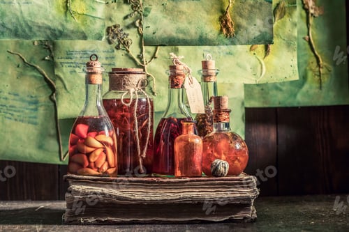 Preview: Vintage herbalist laboratory with plant descriptions and dried cards