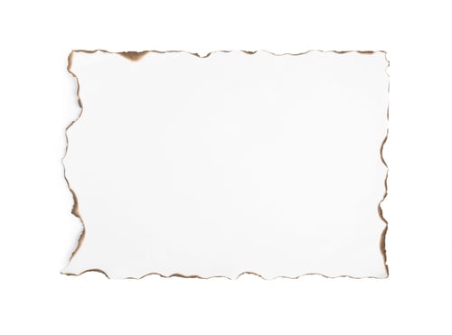 Preview: Piece of paper with dark burnt borders isolated on white, top view. Space for text