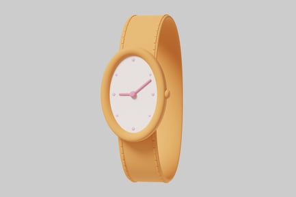 Preview: A yellow watch with a white face and a pink clock hand.