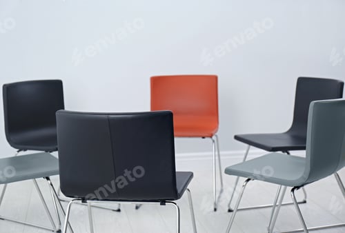 Preview: Chairs prepared for group therapy session in office. Meeting room interior