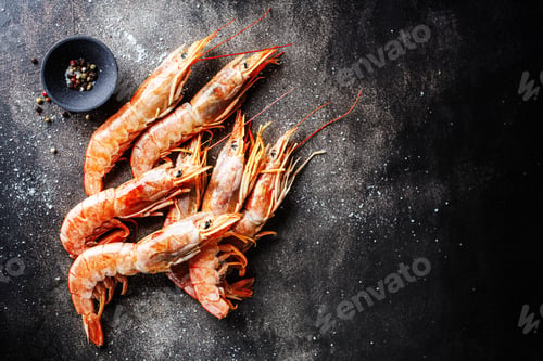 Vista previa: Raw giant shrimps on dark table
