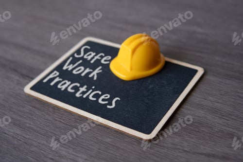 Preview: Small chalkboard with the text “Safe Work Practices” and yellow hard hat.