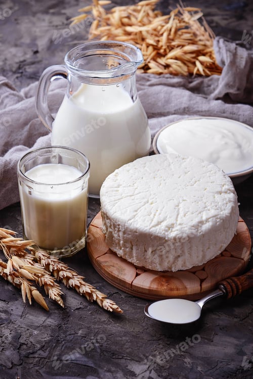 Preview: Dairy products milk, cottage cheese, sour cream and wheat