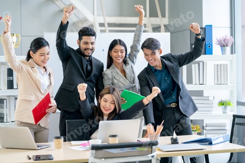 Preview: Group of business men and women show action of happy and congratulation for success of their project