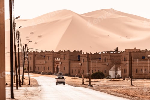 Vista previa: View of Merzouga and sand dunes, gateway to Sahara Desert, Merzouga, Morocco