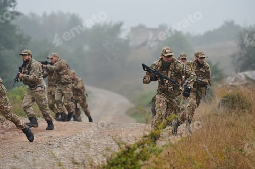 Preview: A disciplined and specialized military unit, donned in camouflage, strategically patrolling and