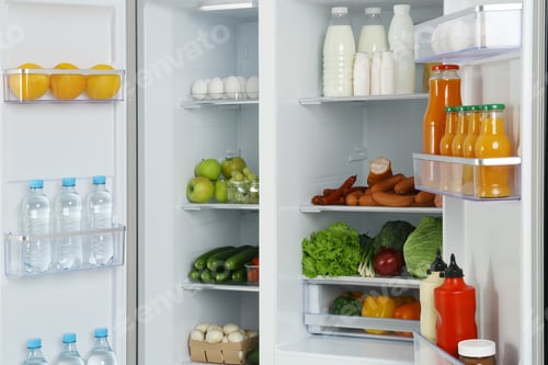 Preview: Open refrigerator full of different fresh products