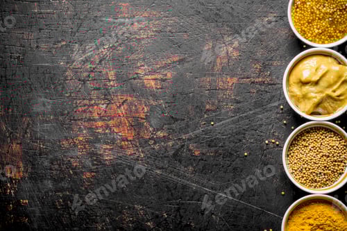 Preview: Assortment of different types of mustard in bowls.