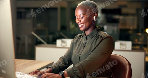Preview: Black woman, typing and computer in office for news, business research and planning at night. Econo
