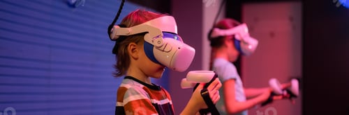 Preview: vr game and virtual reality. team kids friends gamers in 3d glasses playing simulation video game