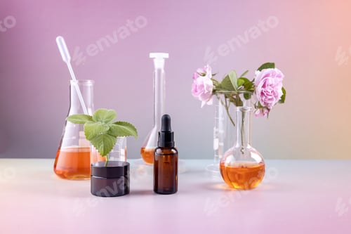 Preview: bottles for cosmetics, laboratory beakers, rosehip flower and mint leaves on a gradient background