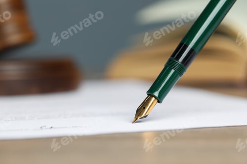 Preview: Signing notary document with fountain pen at table, selective focus. Space for text