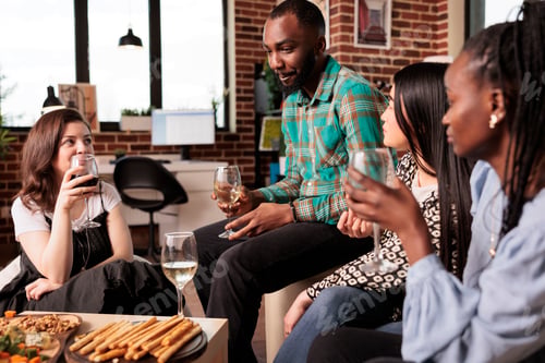 Preview: Different ethnicities women listening man conversation