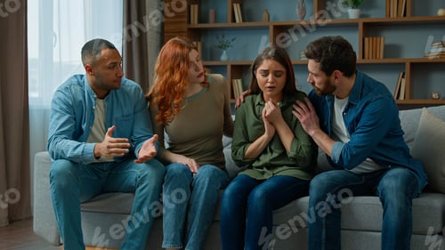 Preview: Desperate sad woman cry complain life problem diverse women and men colleagues buddies support