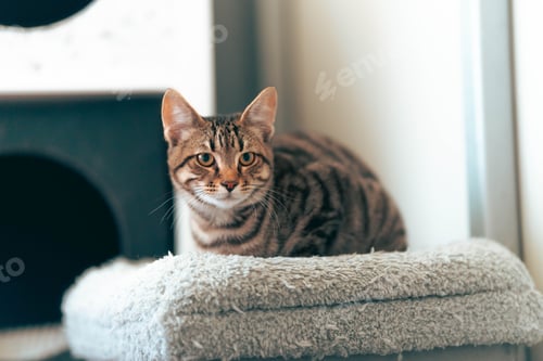 Preview: Tabby cat on a cozy pet bed indoors.