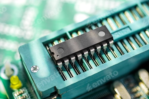 Preview: DIP microcontroller in the ZIF socket of programming adapter. Electronic software engineering.
