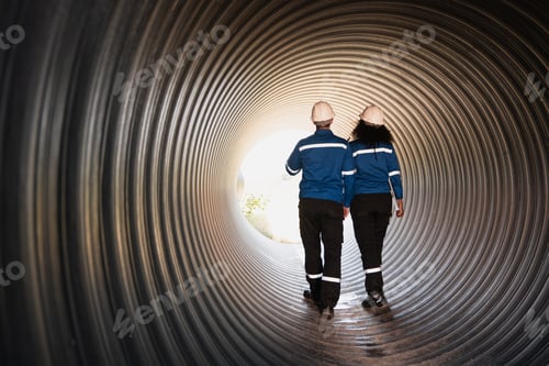 Preview: Workers inside a big steel pipe building a pipeline for oil, gas, and fuel at an industrial site.