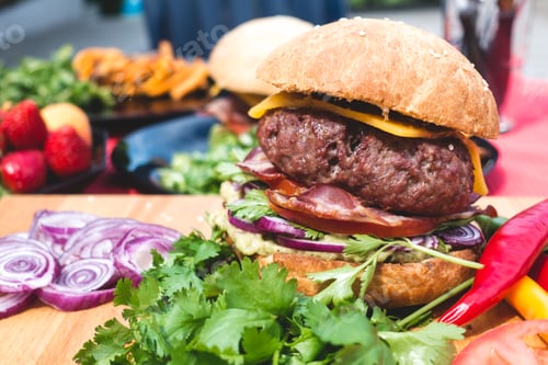 Preview: Summer garden barbecue colorful burger with organic ingredients