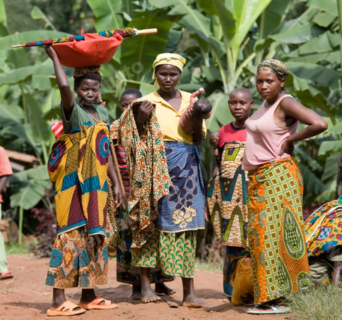 Preview: A group of women in vibrant traditional clothing in a rural setting