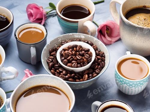 Preview: Cups and mugs of coffee and flowers