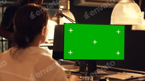 Preview: Woman working with greenscreen template on computer