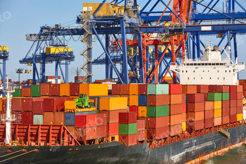 Preview: Containers on a vessel. Global market. Cargo shipping. International economy