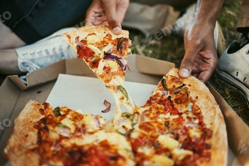 Preview: Pizza, food and hands of a couple eating in a park, picnic and relax on an outdoor date together. H