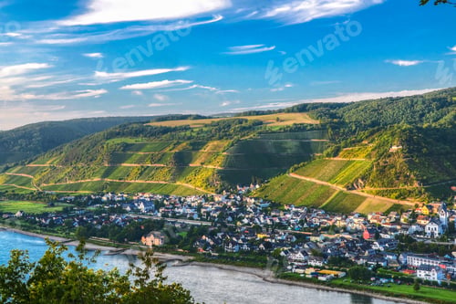 Preview: HDR photo of the vineyard hill with a river in the middle.