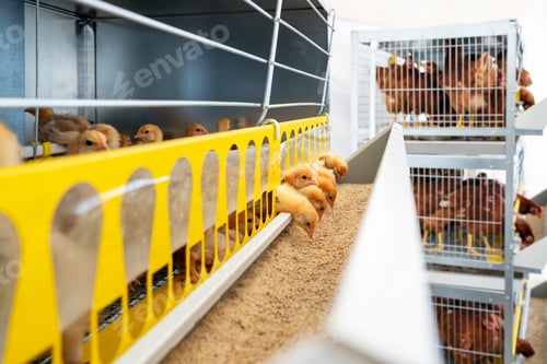 Preview: Raising hens for egg production. ISA Brown baby chickens in a cage at a poultry farm.