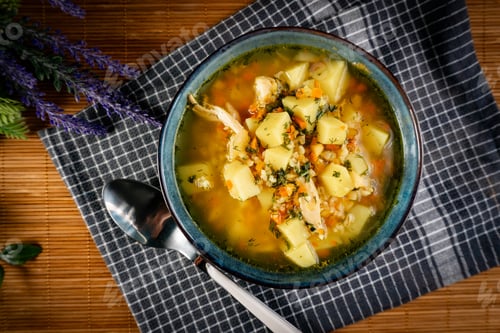 Preview: Barley soup with vegetables and chicken.