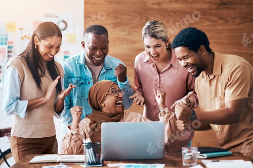 Preview: Winning, laptop and business people in teamwork success, office celebration and online news of bonu