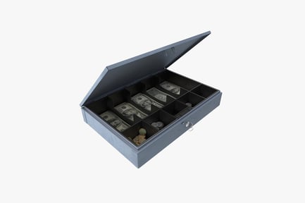 Preview: Open metal box with currency and items