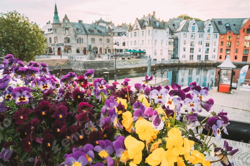 Preview: Alesund, Norway. Old Wooden Houses In Cloudy Summer Day. Art Nouveau Architecture Is Historic