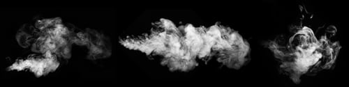 Preview: set of different steam, smoke, gas isolated on black background. Swirling, writhing smoke to overlay
