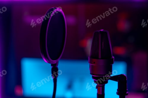 Preview: professional recording studio song recording equipment microphone closeup purple neon light